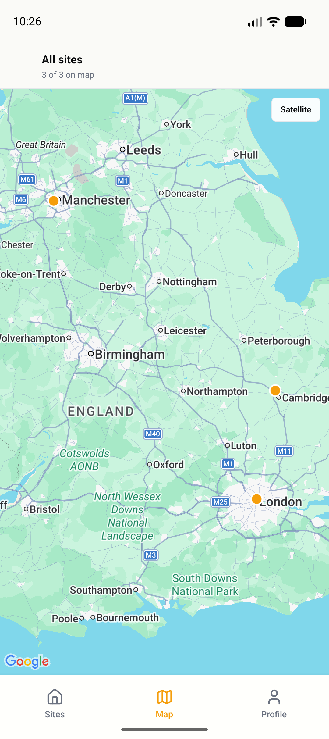 GroundPin Android app showing a map of UK sites with orange pin markers