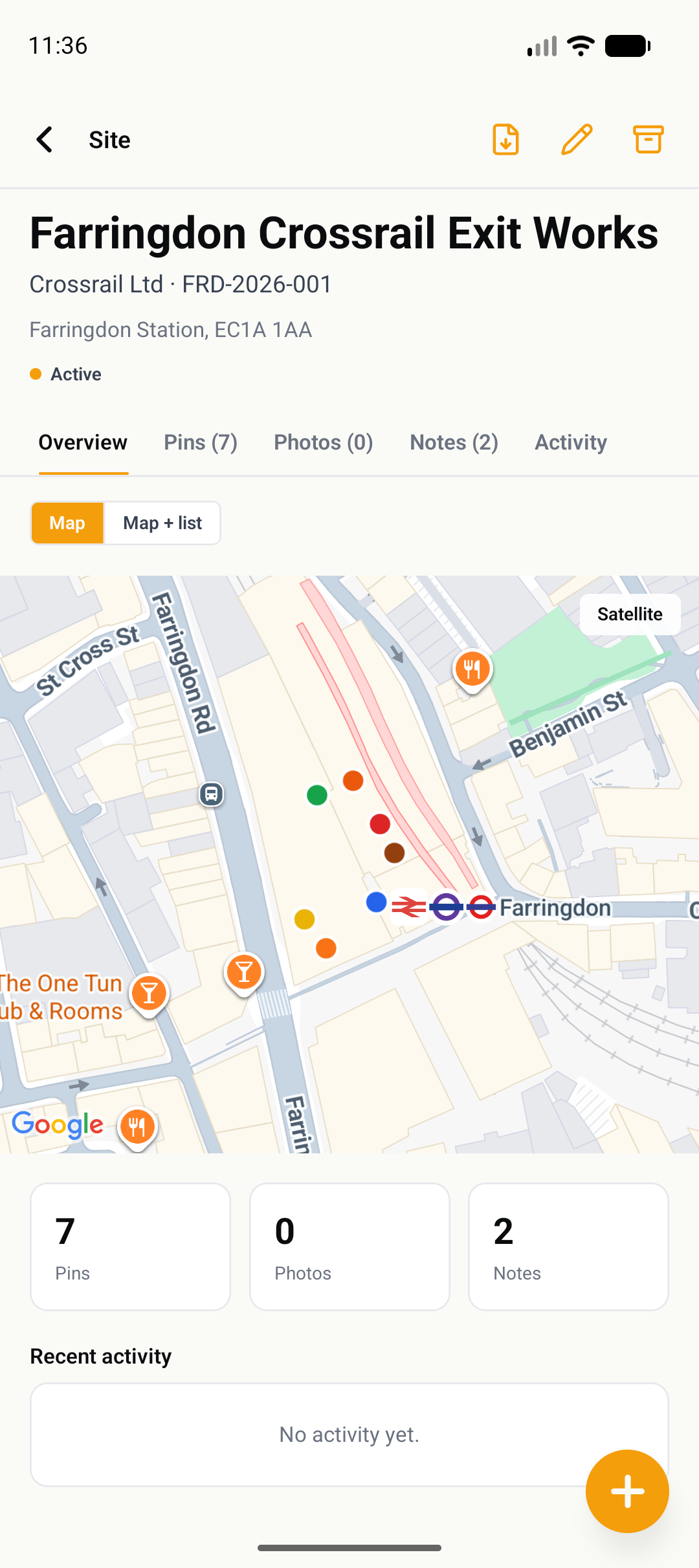 GroundPin app showing a site overview with all pins listed by utility type