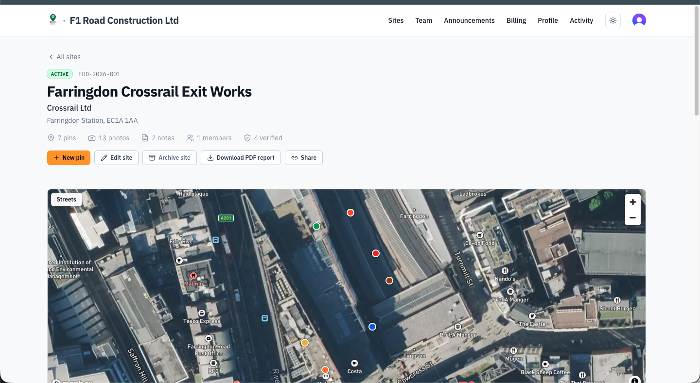 GroundPin web dashboard showing the Farringdon Crossrail exit works site with an aerial view of the pin map